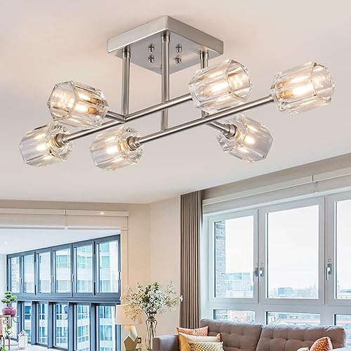 Lámpara de techo industrial semiempotrada de 24 pulgadas, 6 luces, lámpara Sputnik, lámpara de techo retro negro mate, iluminación moderna de granja