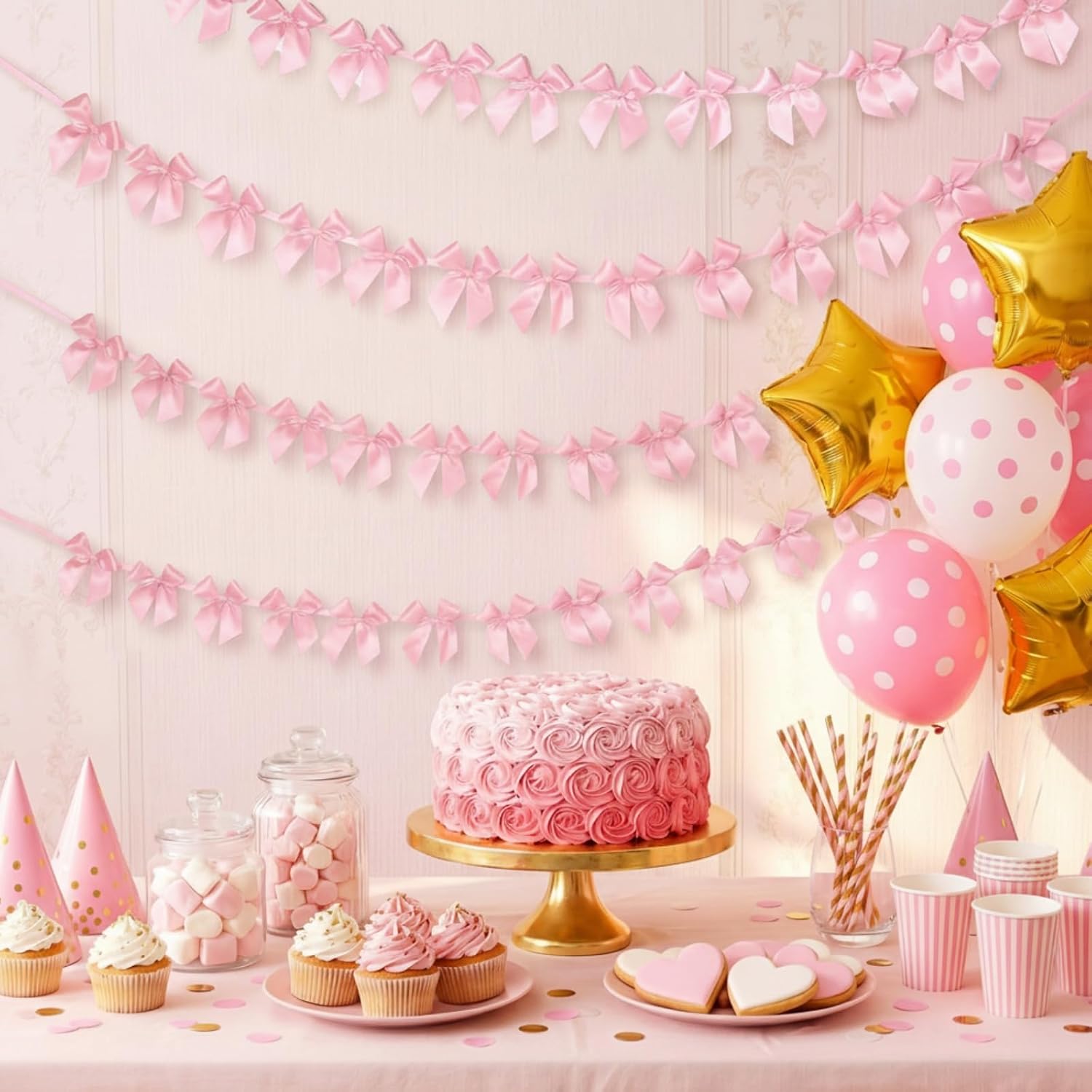 Fanfanwin 4 Strings of 52 Pcs Pink Bow Garland Banner, Pre-Strung Satin Ribbon Bow Decorations for Coquette Birthday, Bachelorette Party, Bridal Shower, Engagement, Anniversary, Graduation Decor