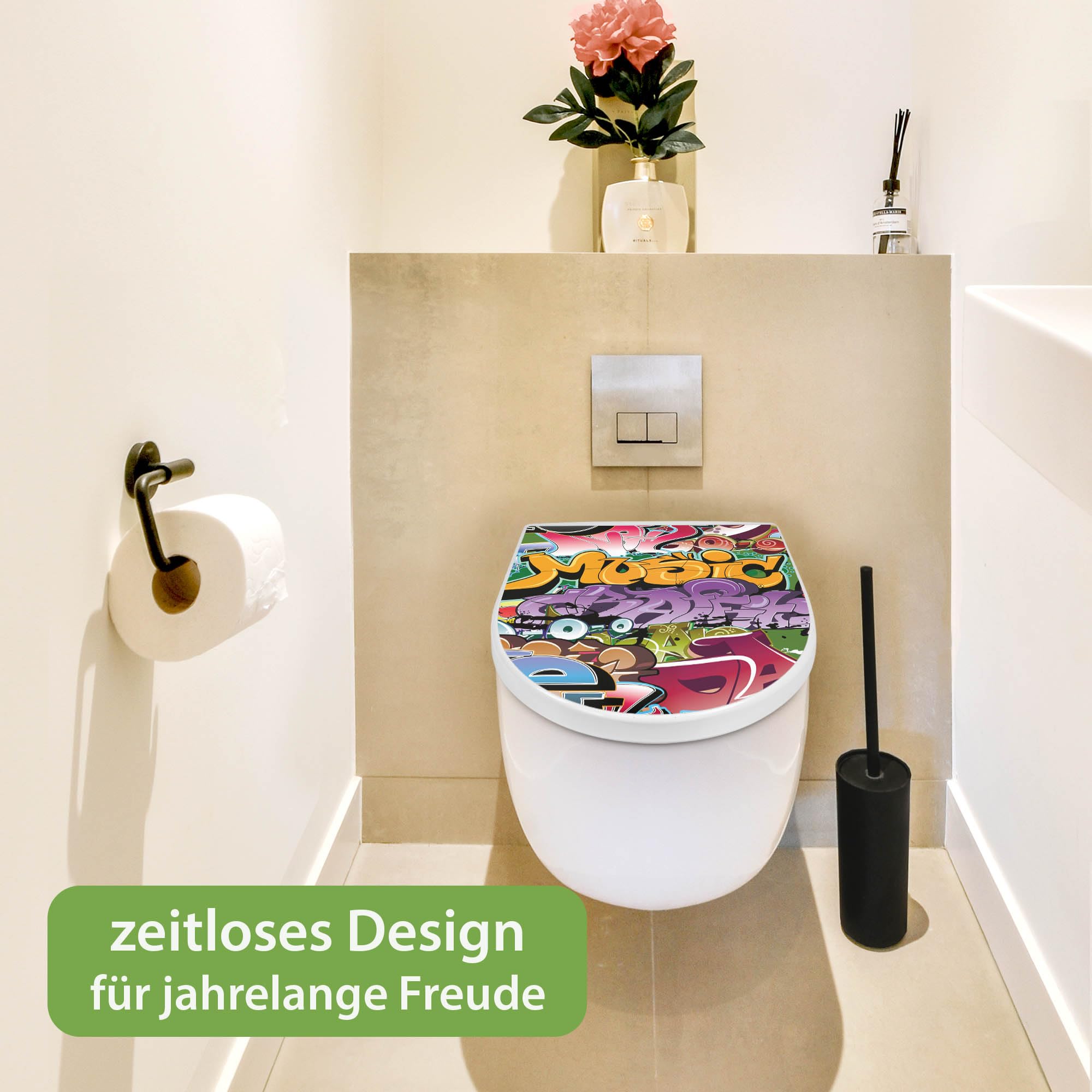 banjado WC Sitz mit Absenkautomatik D Form - Toilettendeckel mit Absenkautomatik D Form - Klodeckel Softclose - stabile Klobrille - Toilettensitz Weiß - Motiv Graffiti