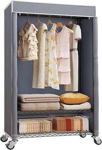 H4 - Perchero resistente para ropa con cubierta, perchero enrollable con ruedas, armario portátil para colgar ropa, perchero negro para ropa con