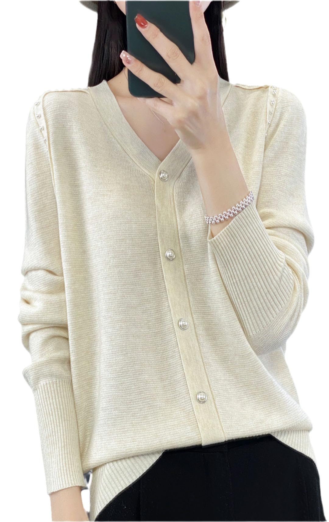 Chaqueta De Punto De Manga Larga con Botones Y Cuello En V para Mujer