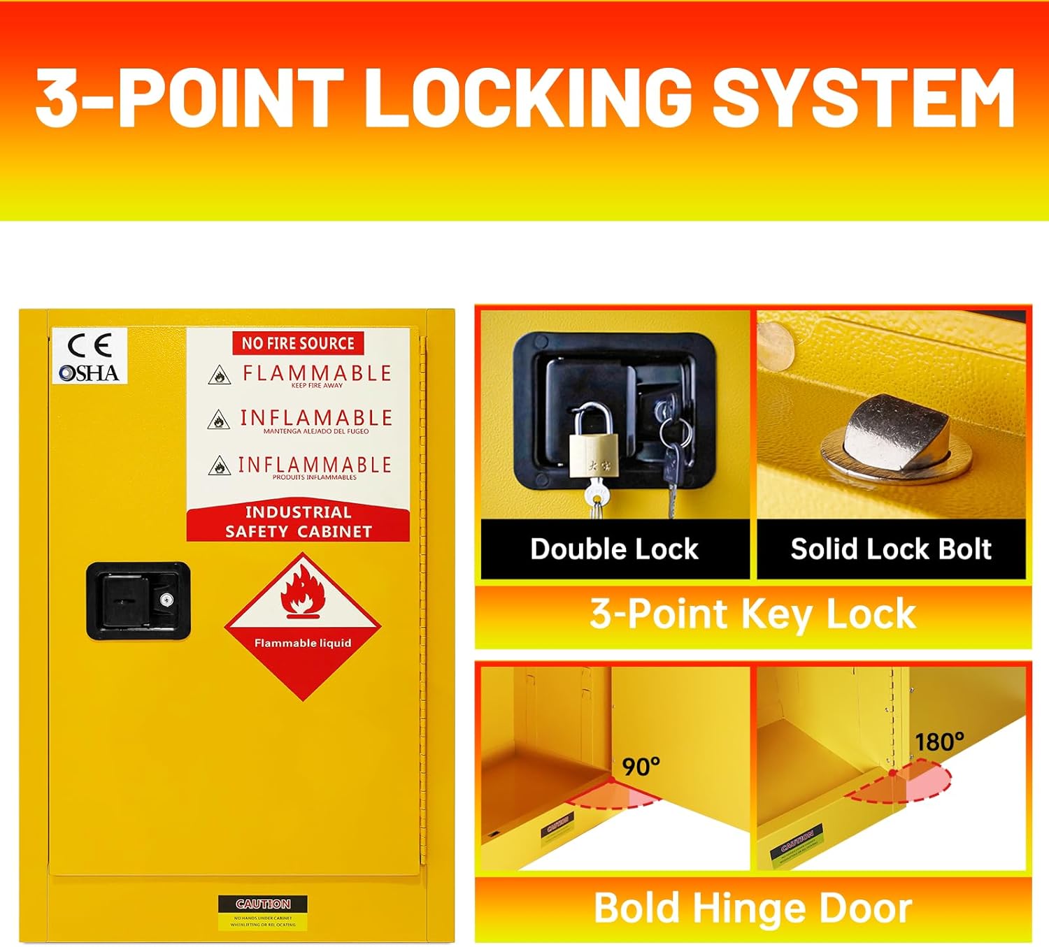 30 Gallon Yellow Steel Mechanic Cabinet, Double-Walled Galvanized Steel Safety Storage Cabinet with 3-Point Lock, for Indoor Fire Safety, Small Paint & Hazardous Materials Storage