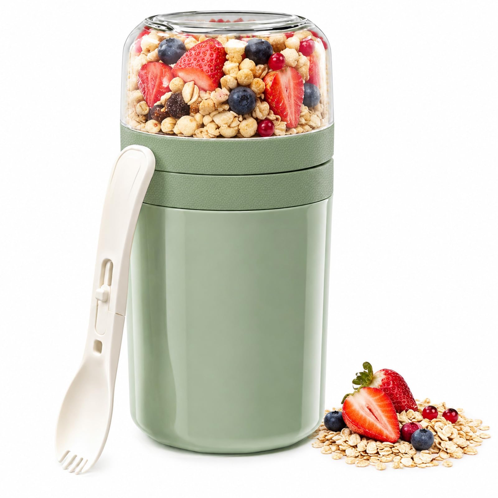 Lafefe Cereal Cup On The Go - 520ml+250ml Breakfast Pots to Go | Leakproof Overnight Oats Container with Lid & Spoon, Portable Yogurt and Granola Pot, Milk and Muesli Travel Bowl for Work-Green