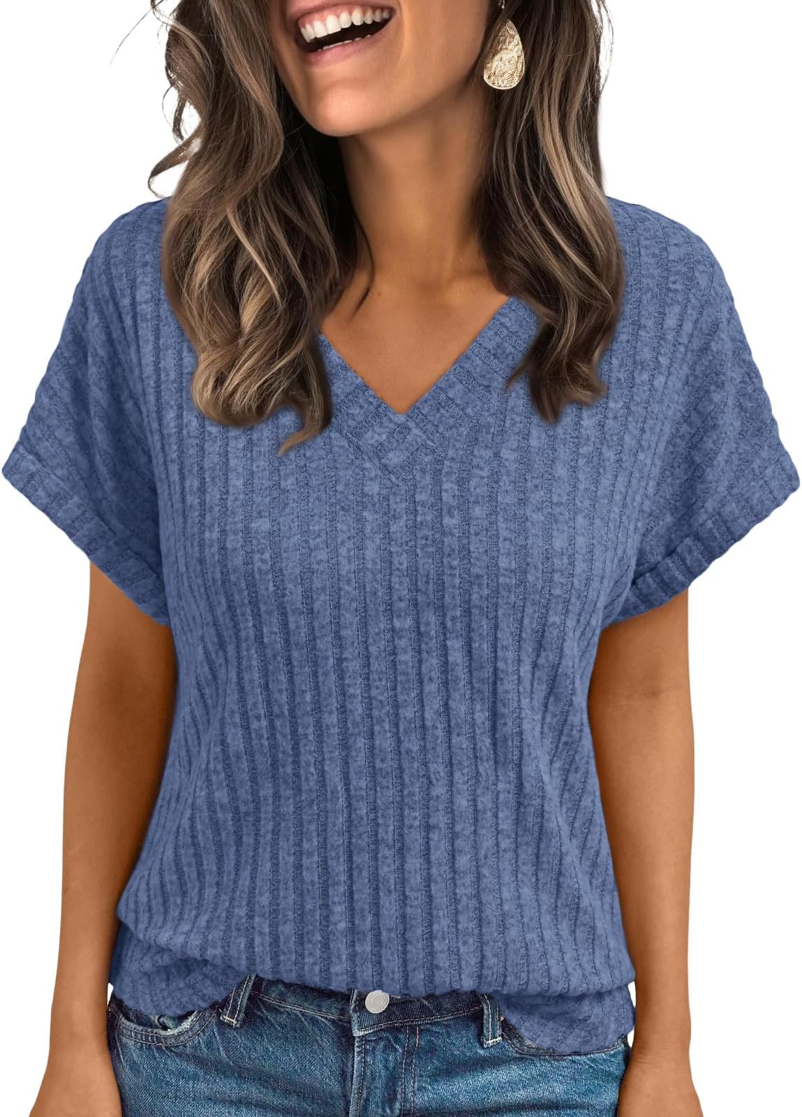 BUNSLOOM T Shirt Damen V-Ausschnitt Kurzarm Leicht Weich Locker Figurbetont Elegant Basic Oberteile Tunika Tops