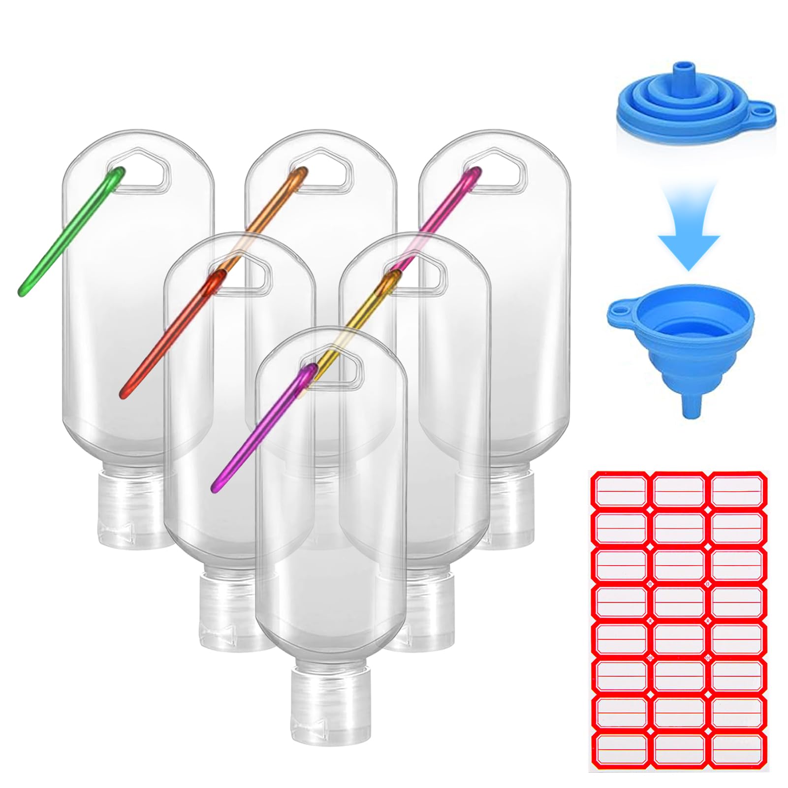 HATTIE 6 Pack Travel Plastic Clear Keychain Bottles 50ml/2oz Portable Leakproof Squeeze Small Bottles With Flip Cap Refillable Empty Containers for