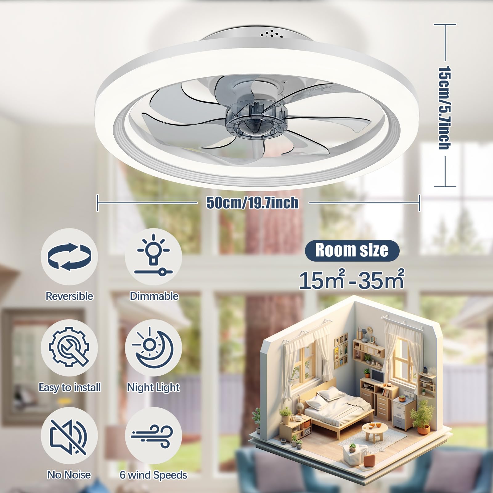 Reversibel Led Deckenventilator Mit Licht Fernbedienung Leise 6 Geschwindigkeiten Schlafzimmer Deckenventilator Mit Beleuchtung Wohnzimmer Modern Dimmbar Deckenlampe, Schwarz 50CM 48W