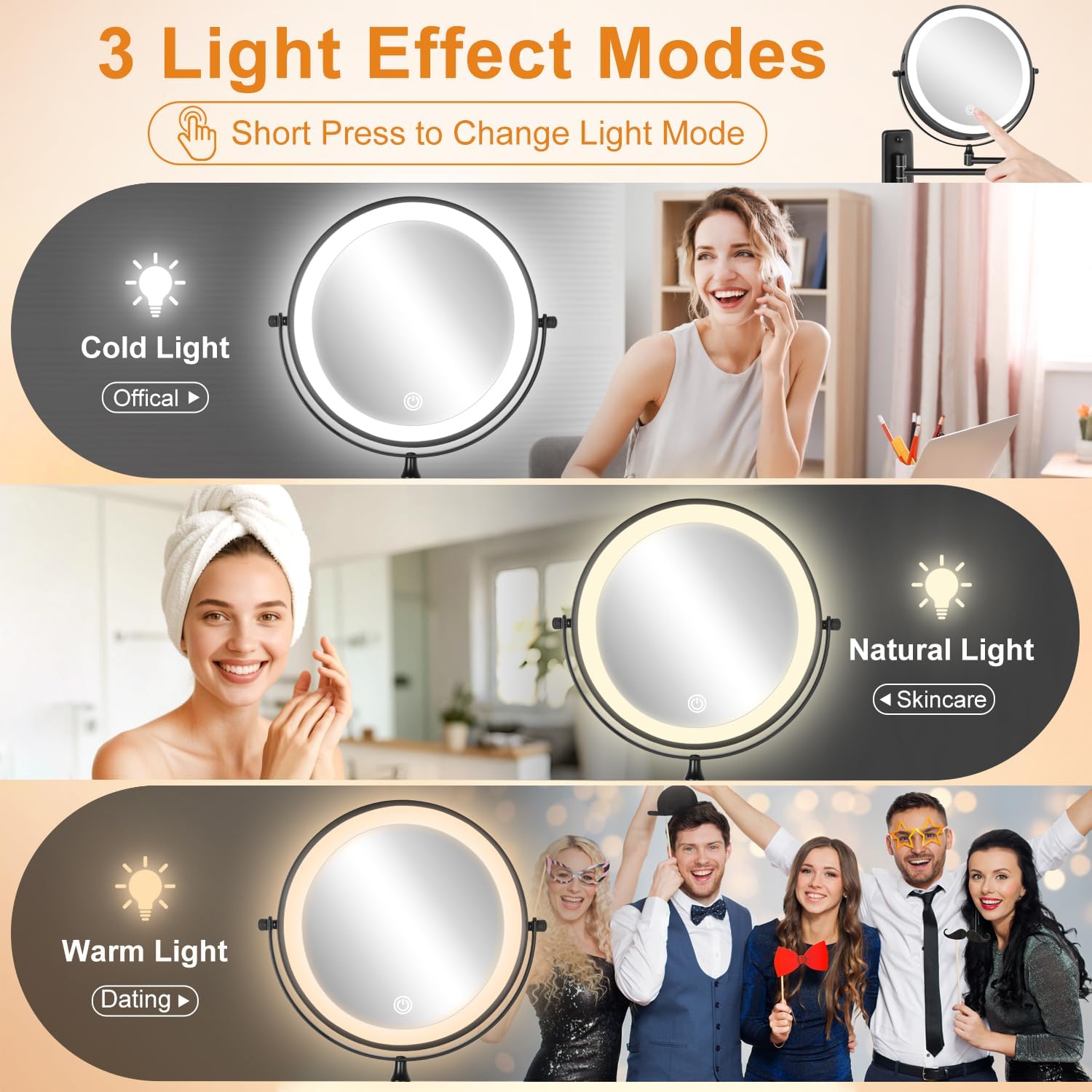 DECLUTTR 1X/30X Wall Mounted Lighted Makeup Mirror, 8" Rechargeable Double Sided Magnifying Mirror with Light, 3 Color Lights Touch Dimmable, Extended Arm 360 Rotation Wall Mounted Makeup Mirror