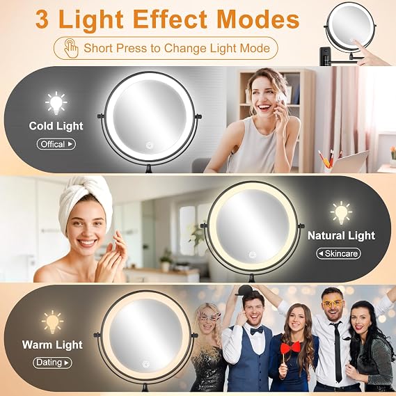 DECLUTTR 1X/30X Wall Mounted Lighted Makeup Mirror, 8 Rechargeable Double Sided Magnifying Mirror with Light, 3 Color Lights Touch Dimmable, Extended Swivel Makeup Mirror