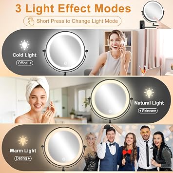 DECLUTTR 1X/30X Wall Mounted Lighted Makeup Mirror, 8 Rechargeable Double Sided Magnifying Mirror with Light, 3 Color Lights Touch Dimmable, Extended Swivel Makeup Mirror