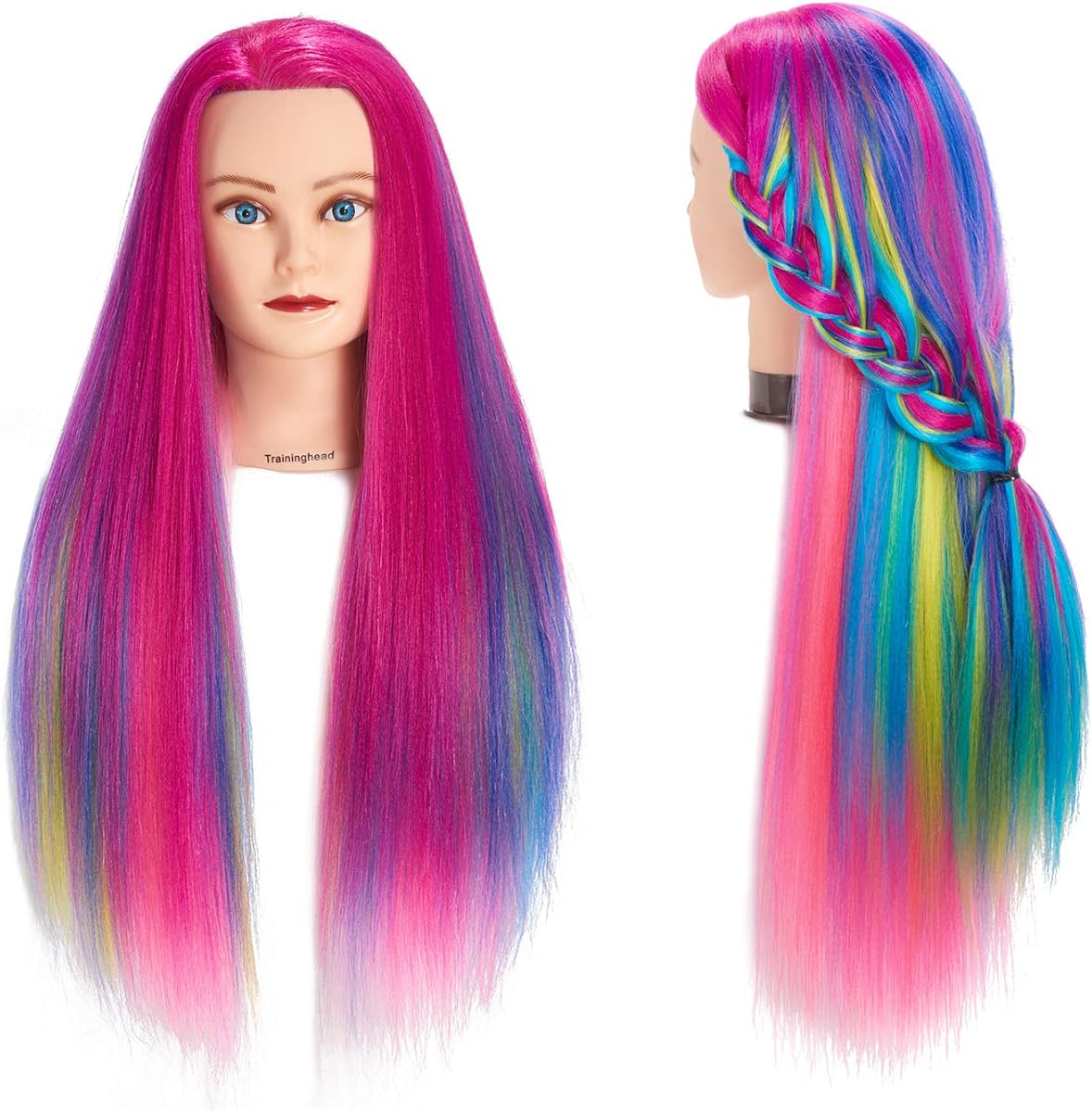 Cabeza de maniquí de 26-28 pulgadas de pelo de fibra sintética para peluquero | Traininghead modelo de entrenamiento de peluquería maniquí cosmetología cabeza de muñeca colorido peinado trenzado con abrazadera