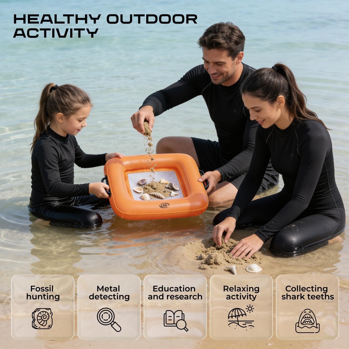 CKG Floating Inflatable Sand Sifter, Lightweight Durable Shark Tooth Sifter for the Beach with Comfortable Grip & Double Sifting Mesh, Perfect for Metal Detecting, Beach Accessories