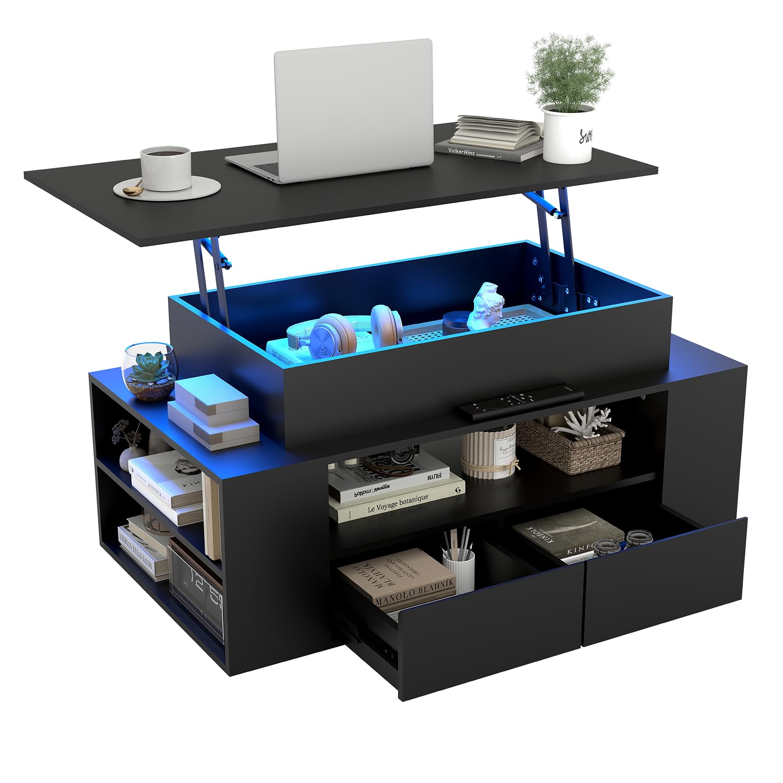 YU YUSING Mesa de Centro Elevable y Extensible con Luz LED, Amplio Espacio | 92 x 50 x 43-56 cm, Estructura de Acero, Control por Aplicación y Botones, Negro
