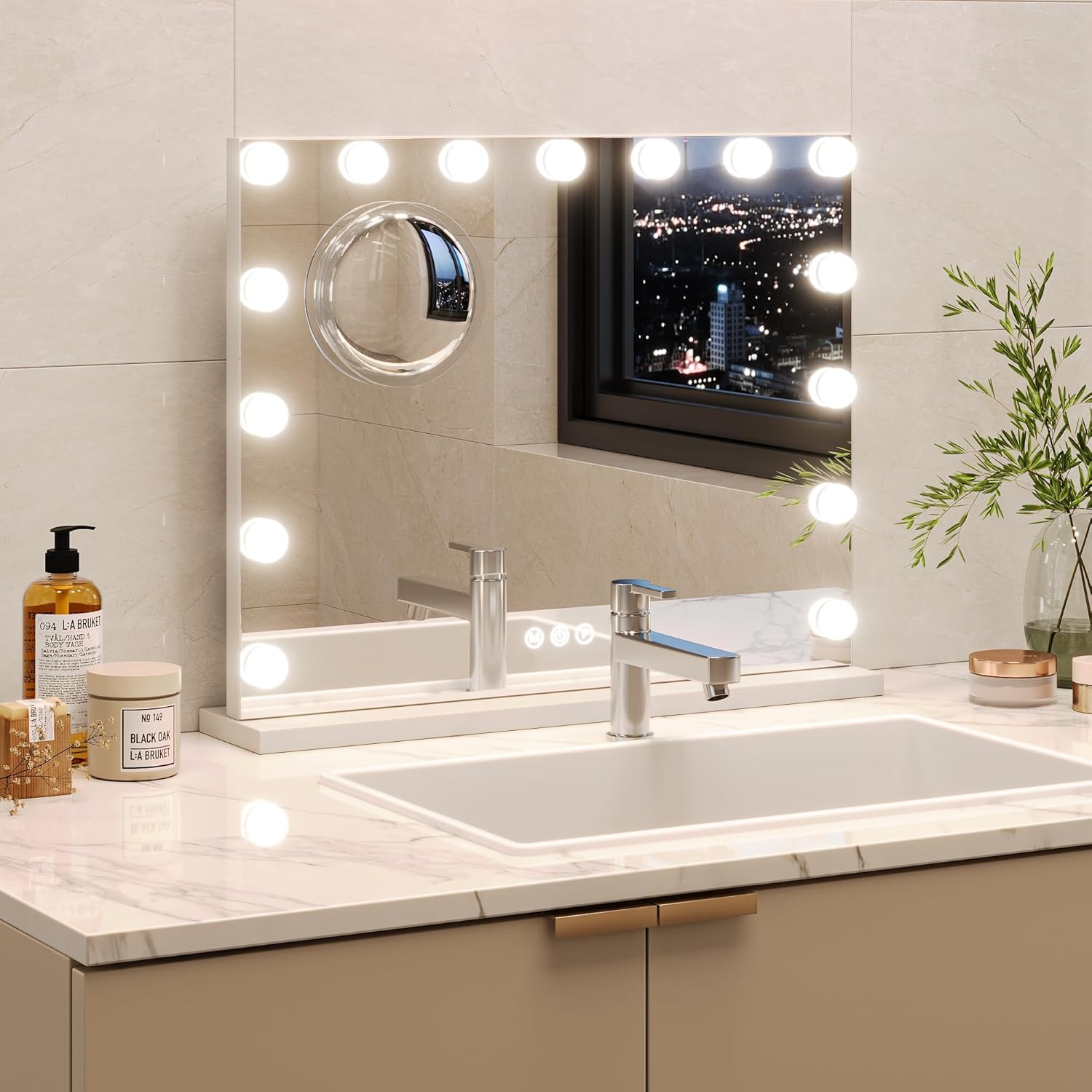 Large Vanity Mirror with Lights, 23x18 inch Hollywood Style Makeup Mirror, 3 Color Temperatures Dimmable, 3X Magnification Detachable Mirror, Touch Control, USB Charging Station, Ideal Gift for Women