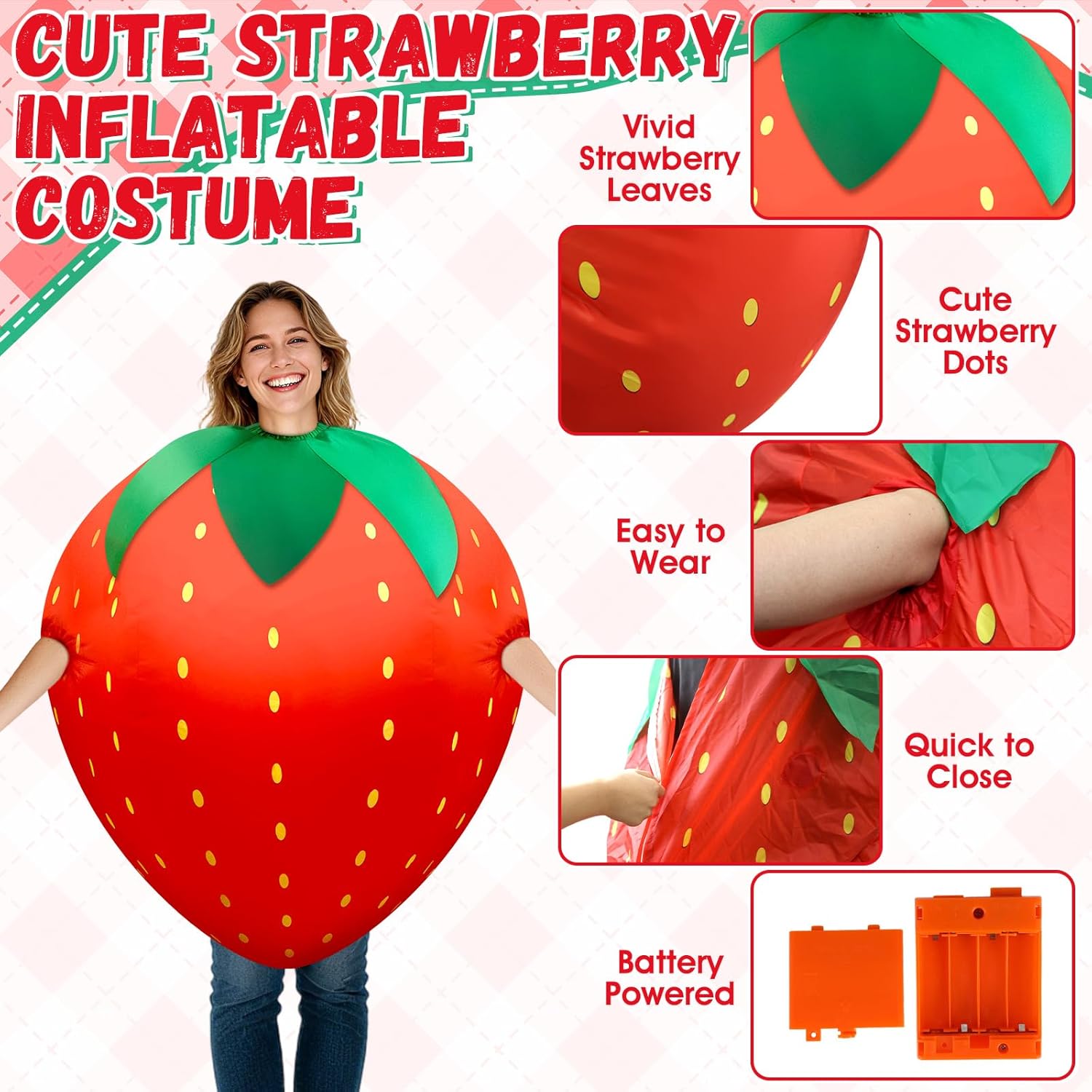 Spring Inflatable Strawberry Costume for Adult Blow up Costume for Women Men Berry Inflatable Outfit for Strawberry Birthday Decoration Cosplay Party Parade Easter Carnival Suit