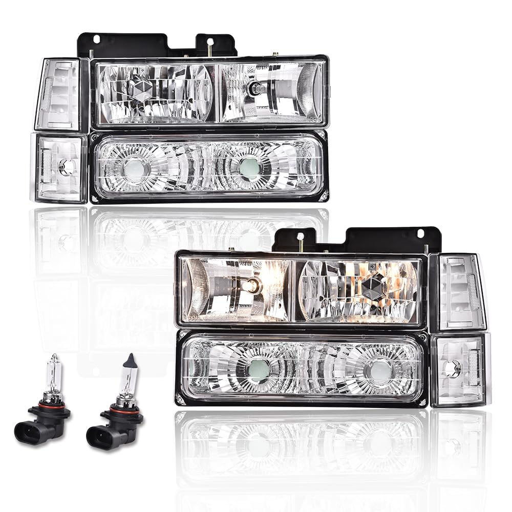GRAND ORANGE Headlights Assembly, Compatible with GMC Sierra C/K Yukon 1500 2500 1994 1995 1996 1997 1998 Fit Chevy C/K C10 Suburban Corner HeadLamp（Clear lens Chrome Housing Clear Reflector）