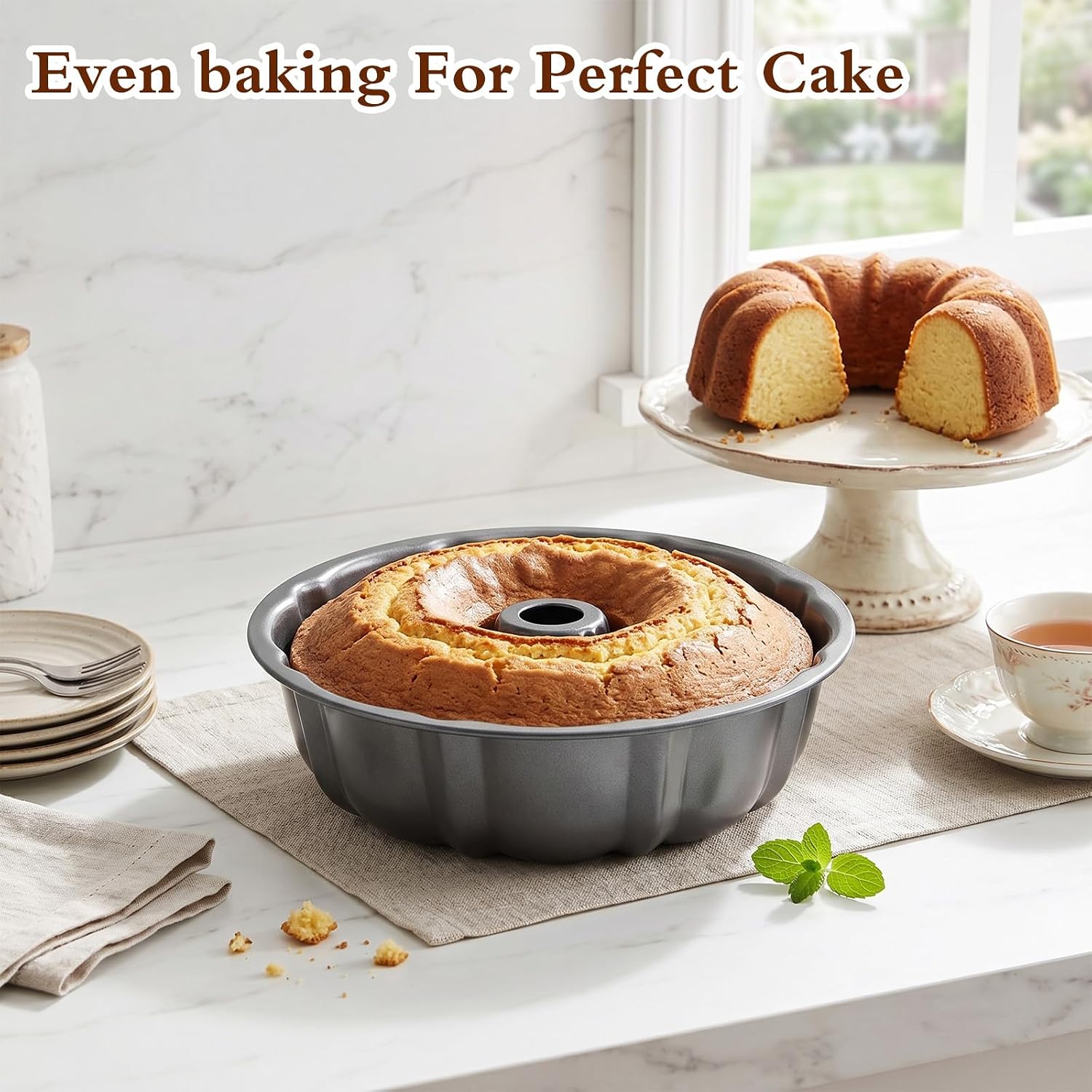 3 Pack 9.3” Non-stick Cake Pan, Heavy Duty High Carbon Steel Fluted Tube Pan, Buntz Pound Cake Mold, Jello/Gelatin/Chocoflan Bakeware, Easy Clean, Dark Gray