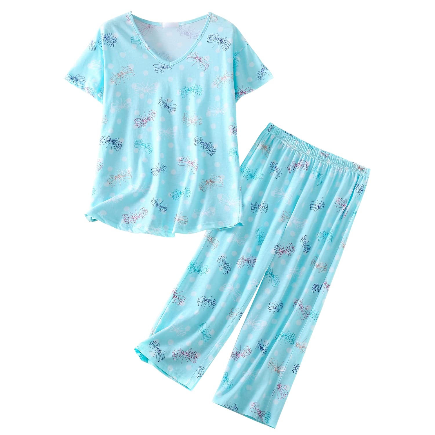 QUCH Conjunto de pijama para mujer, talla grande, con pantalones capri, conjunto de pijama de algodón para mujer, suave, cómodo, lindo conjunto de pijama