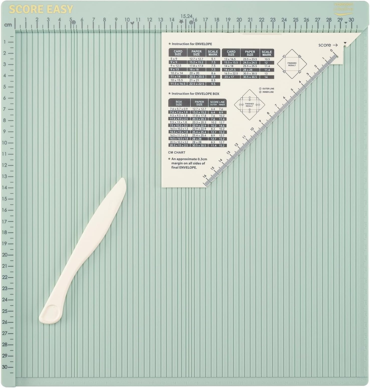 Vaessen Creative Easy Scoring Board CM in Mint Green with Bone Folder and Guide for Card Making and Paper Crafts, 30,5 x 30,5 cm