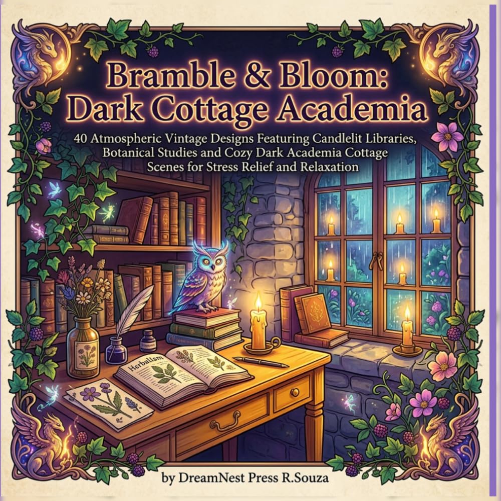 Bramble & Bloom: Dark Cottage Academia: 40 Atmospheric Vintage Designs Featuring Candlelit Libraries, Botanical Studies and Cozy Dark Academia Cottage Scenes for Stress Relief and Relaxation