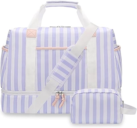 Stripe Weekender Bags for Women - 2Pcs Carry On Overnight Bag Travel Duffle Bag with Shoe Compartment & Wet Pocket, Includes Toiletry Bag, Blue
