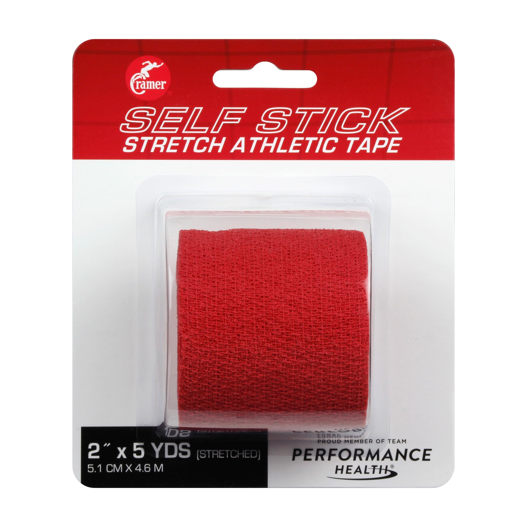 Cramer Eco-Flex Self-Stick Stretch Tape, Red, 2" x 5 yd, Cohesive Athletic Bandage Wrap, Athletic Trainer Flexible Sports Tape, Easy Tear Vet Wrap for Pets, Self Adhesive Bandage Roll, 5 Yards