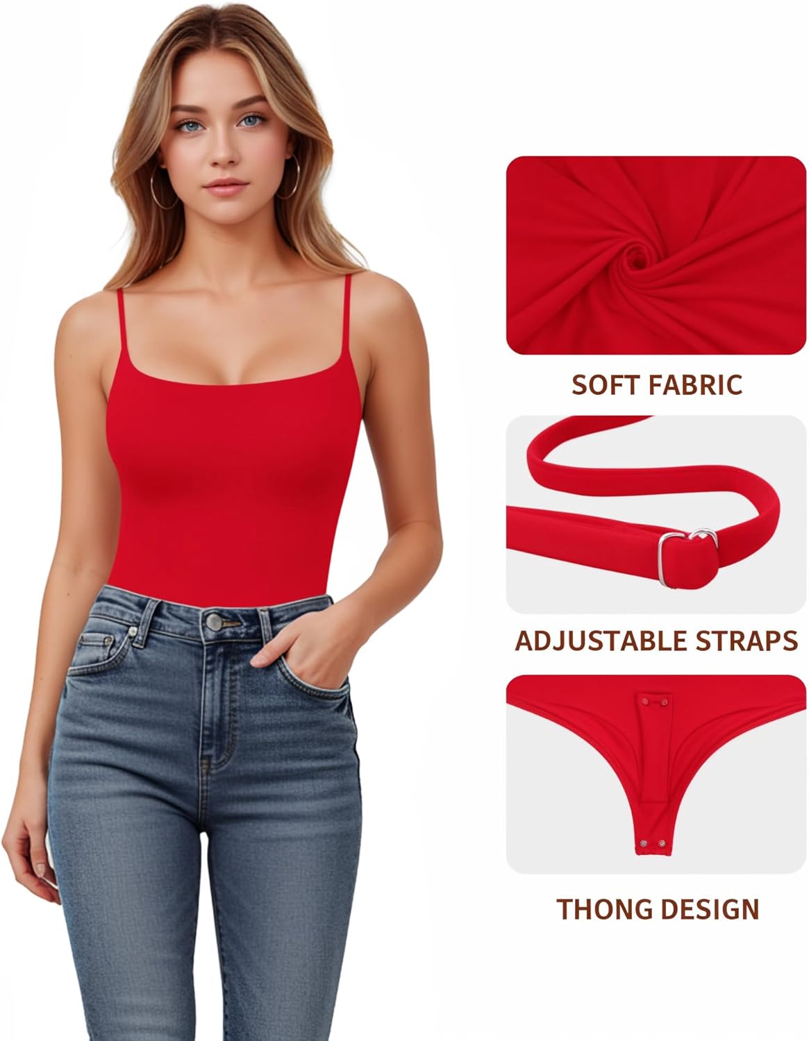 MANGOPOP Women's Cami Thong Bodysuit Double Lined Square Neck Backless Body Suit Adjustable Spaghetti Strap Tank Tops - Image 4