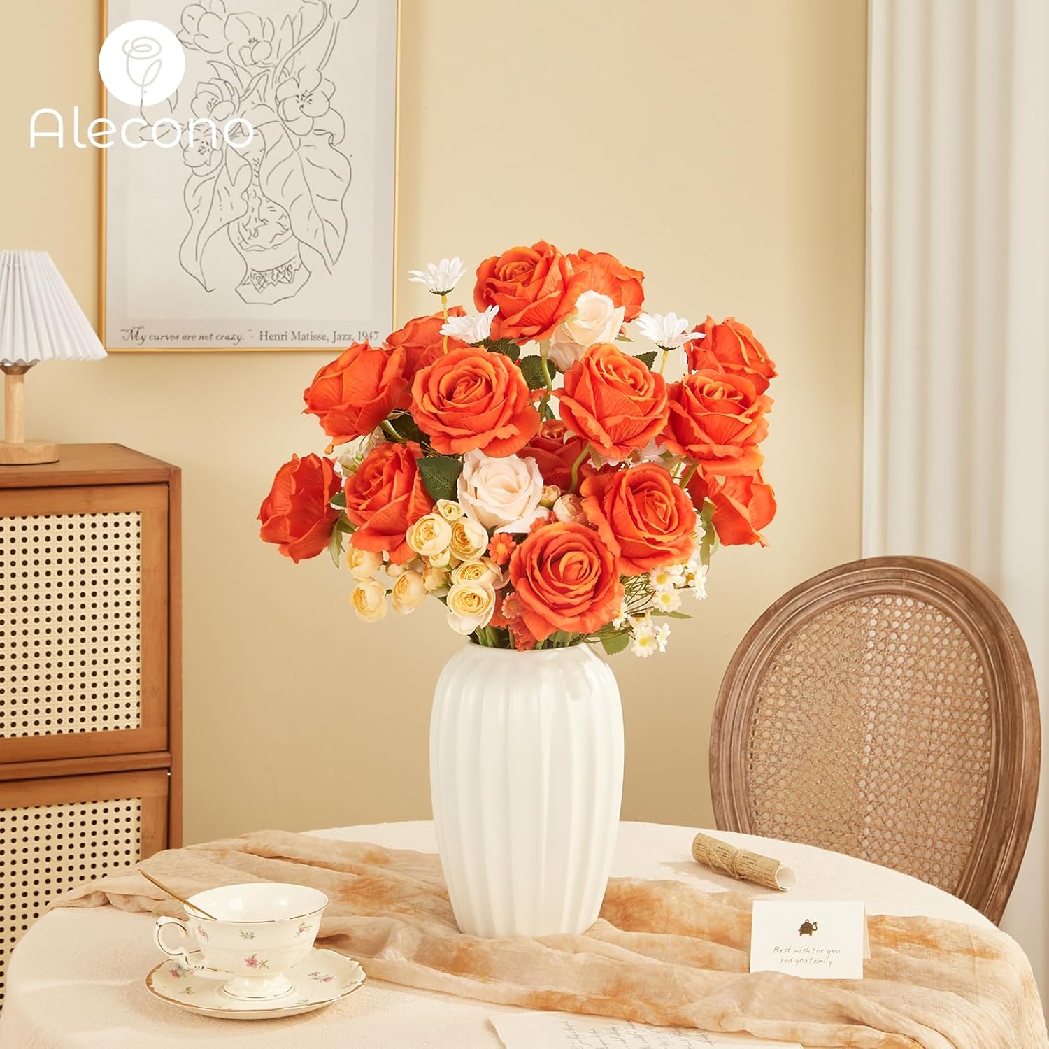 Alecono Fake Roses 𝟮𝟬𝙋𝙘𝙨, 4in 𝘽𝙞𝙜 𝗩𝗲𝗹𝘃𝗲𝘁 Flower Head, Fall Orange Roses Artificial Flowers with Stems for Wedding Decorations, Silk Roses Bulk for DIY Home Party Decor