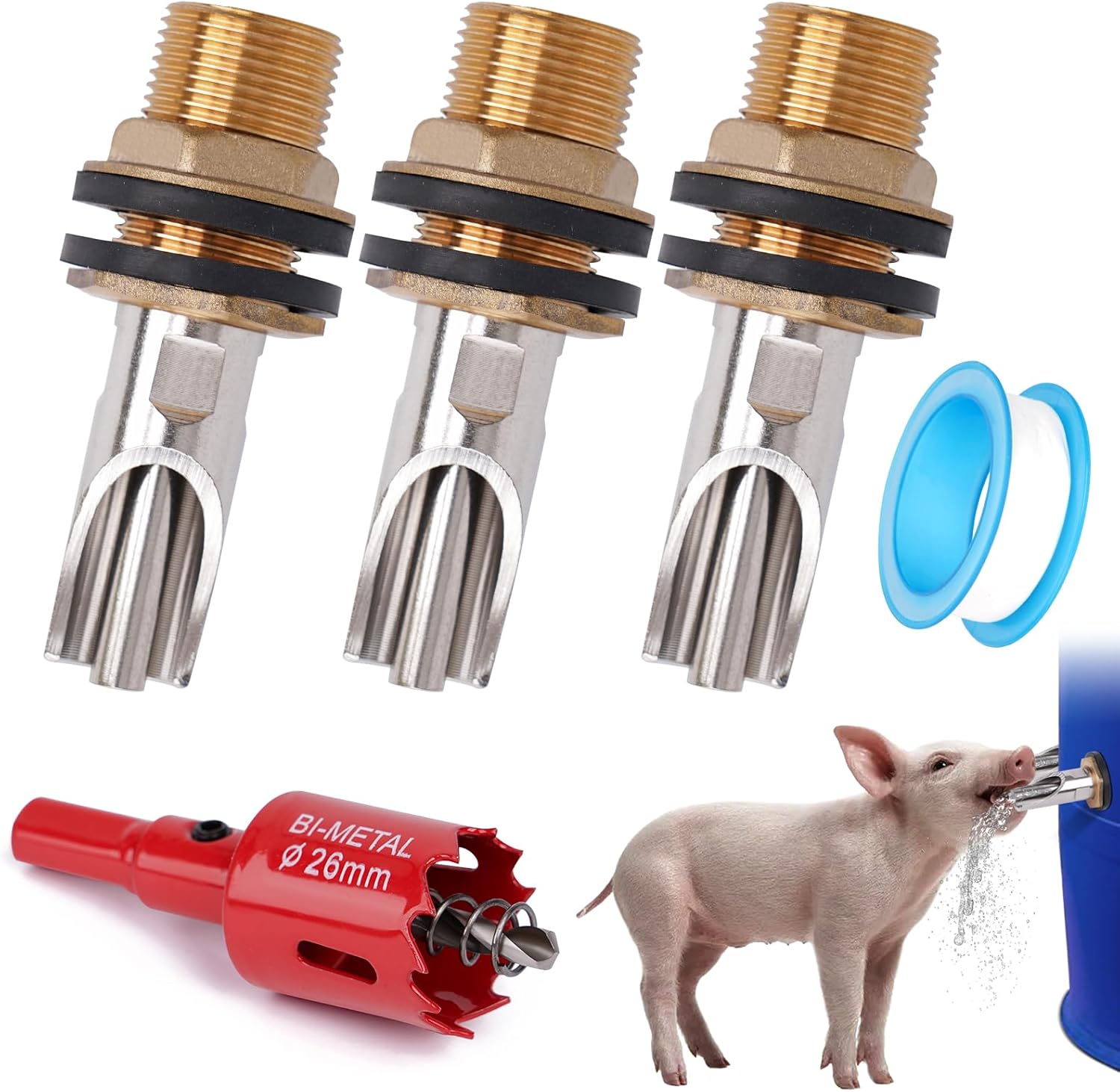 Pig Nipple Waterer for Barrel Kit Stainless Steel Pig Drinker Feeder with Brass Water Tank Connector Kit Automatic Pig Waterer System for Hog Goat Sows Piglets (3 Pig Drinker)
