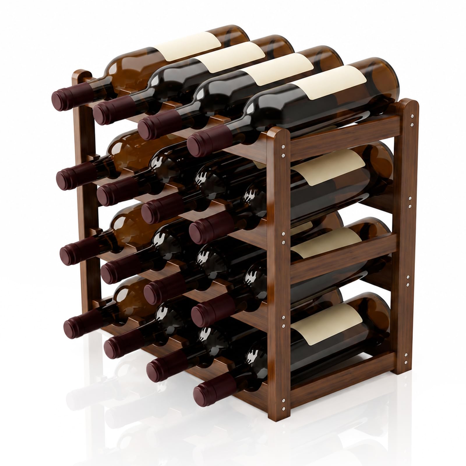 CLKUEH 16 Bottle Wooden Wine Racks Free Standing, 4 Tier Bottle Rack Freestanding Display Shelf Wine Storage Holder for Countertop Kitchen Bar Cellar