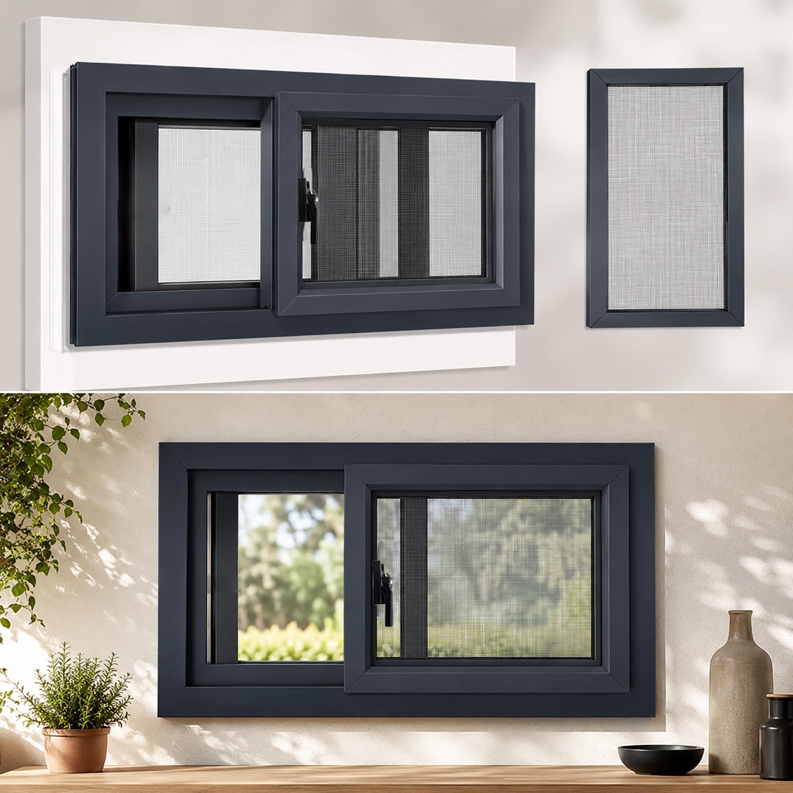 Basement Sliding Window, Aluminum Horizontal Casement with Screen Double Tempered Glass Replacement for Shed Bathroom Chicken Coop Garage(Grey,15 * 32in)