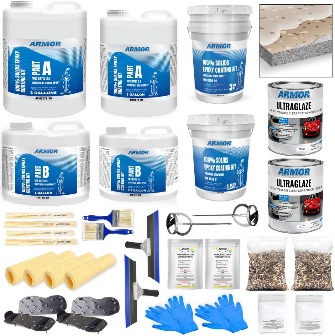 Garage Epoxy Floor Kit – 100% Solids - 2 Part Industrial-Grade Coating w/UltraGlaze Topcoat | DIY Slip & Hot Tire Resistant | 900 Sq Ft - Khaki Tan - 32 pc kit