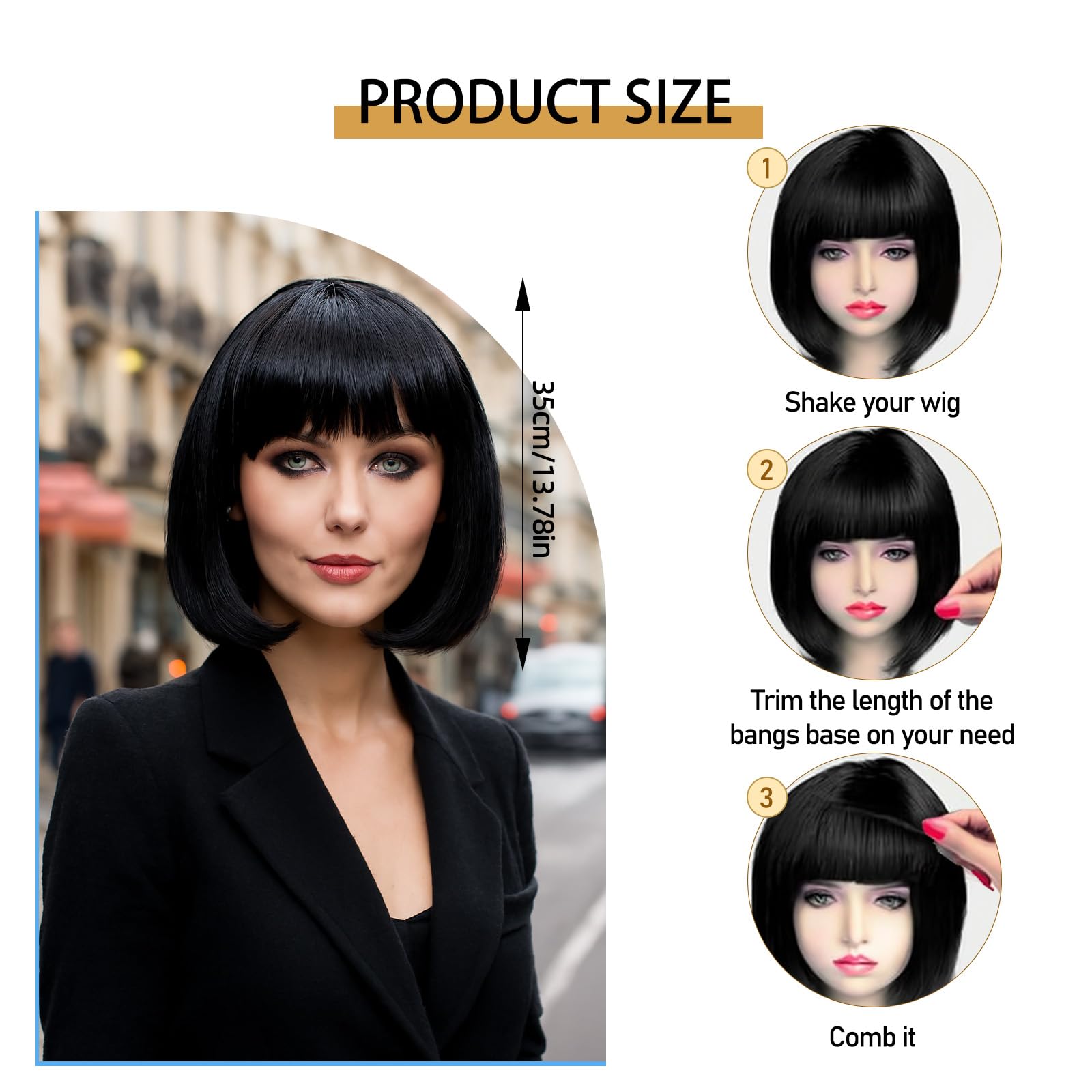 Black Bob Wig, Wigs for Black Women 35cm Natural Looking Synthetic Hair, Adjustable Cap for Daily Use and Cosplay Parties - Image 2