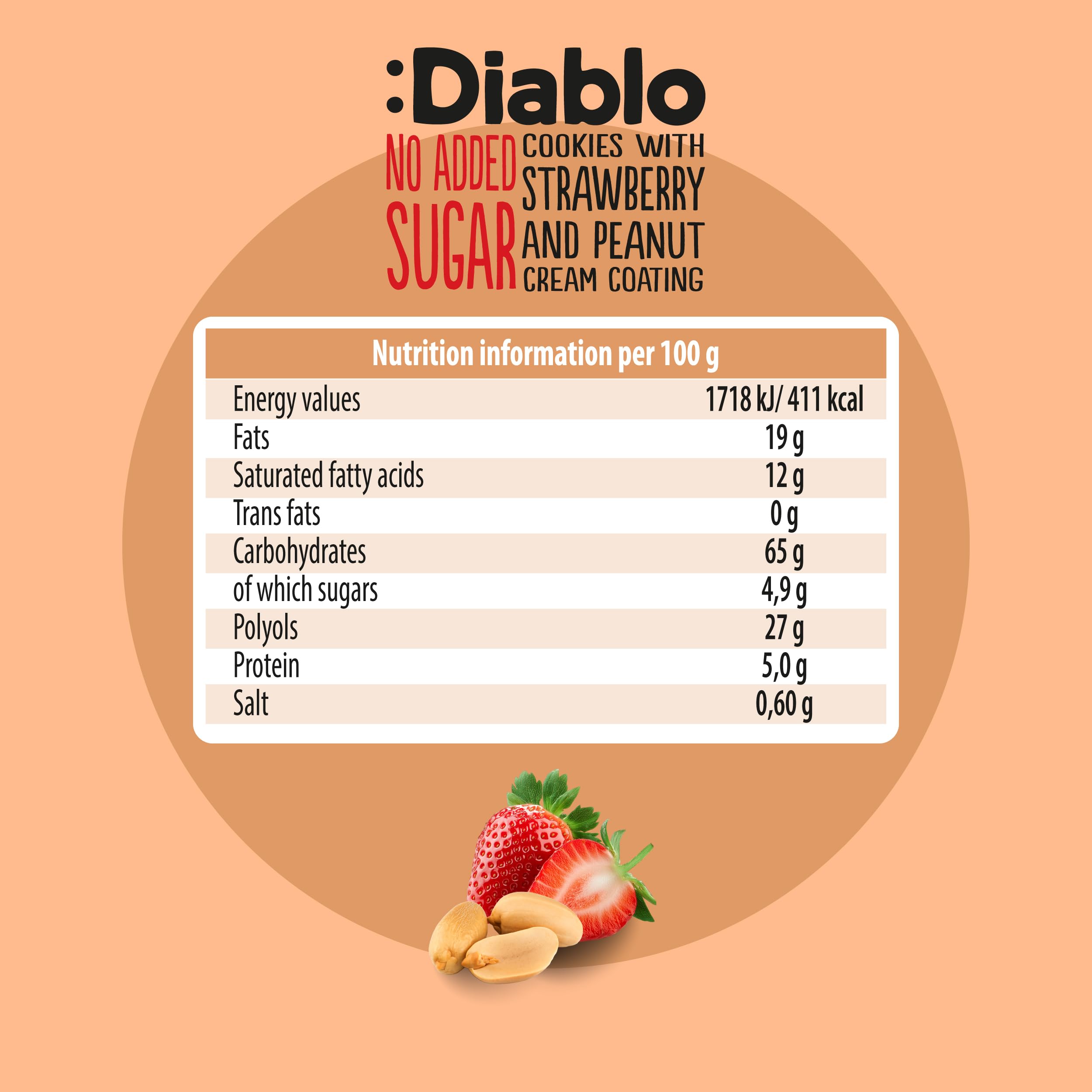 Diablo No Added Sugar Cookies with Strawberry and Peanut Cream Coating – Delicious No Sugar Biscuits, Guilt-Free Snacks for Adults & Families, Sweet Treats Sweetened with Maltitol, 100g (Pack of 1)