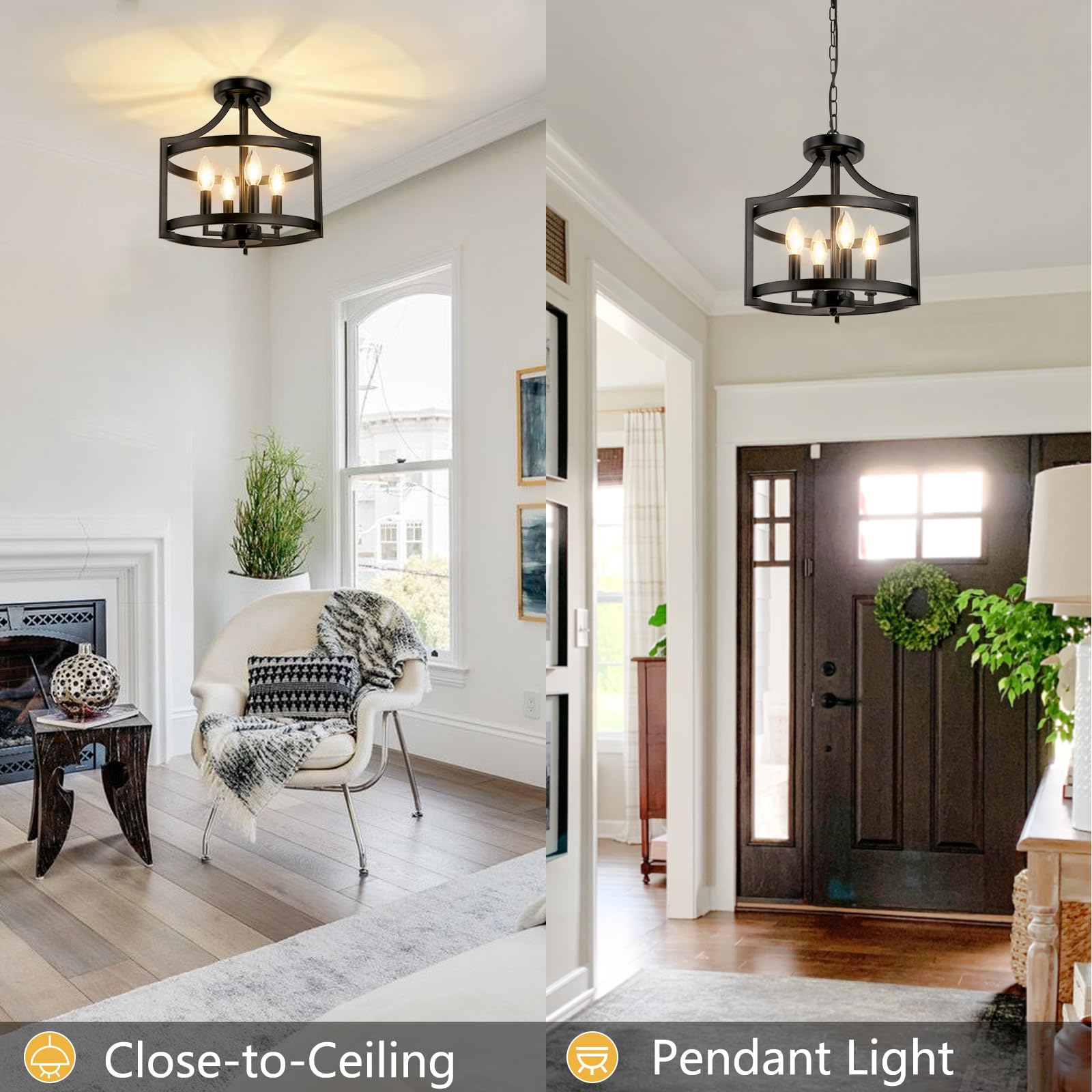 Kronleuchter Modern Schwarz Umwandelbare Landhaus Deckenlampe Wohnzimmer, 4 Lichter Rustikal Vintage Hängelampe Schlafzimmer, Höhenverstellbare Bauernhaus Pendelleuchte Deckenleuchte Flur