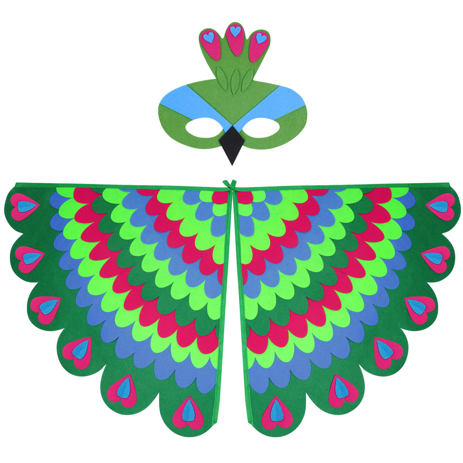 URAQT Felt Bird Capes Wings, Kids Bird Wings Costume Set with Felt Eye Mask, Adjustable Fairy Bird Fancy Dress Up Peacock Flamingo Cape Costume for Theme Party Carnival Halloween Cosplay (Green) — image 1