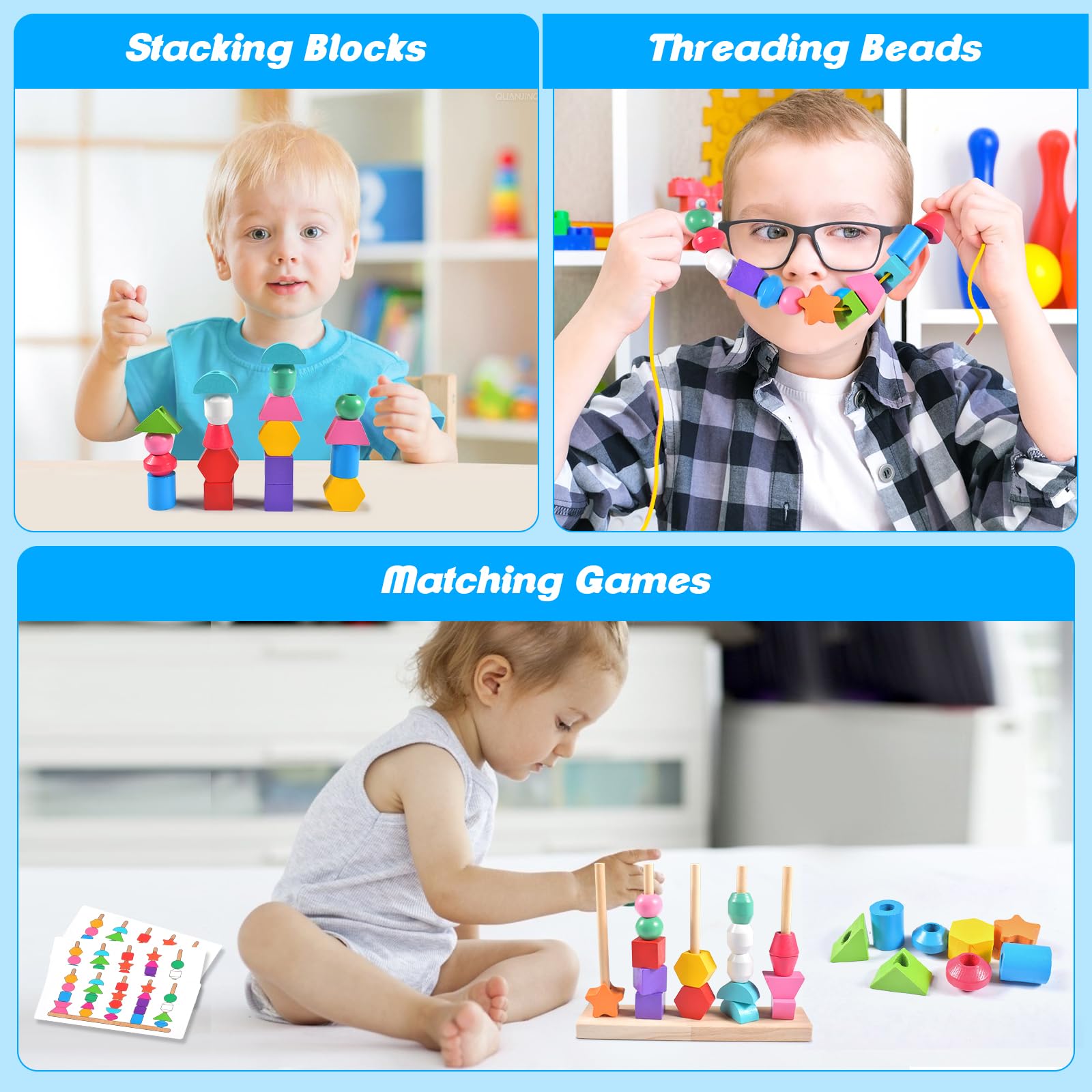 Jouet Montessori En Bois 2 En 1 - 25 Perles Colorées + Cartes Séquences - Pour Enfants 2 à 5 Ans - Éducatif