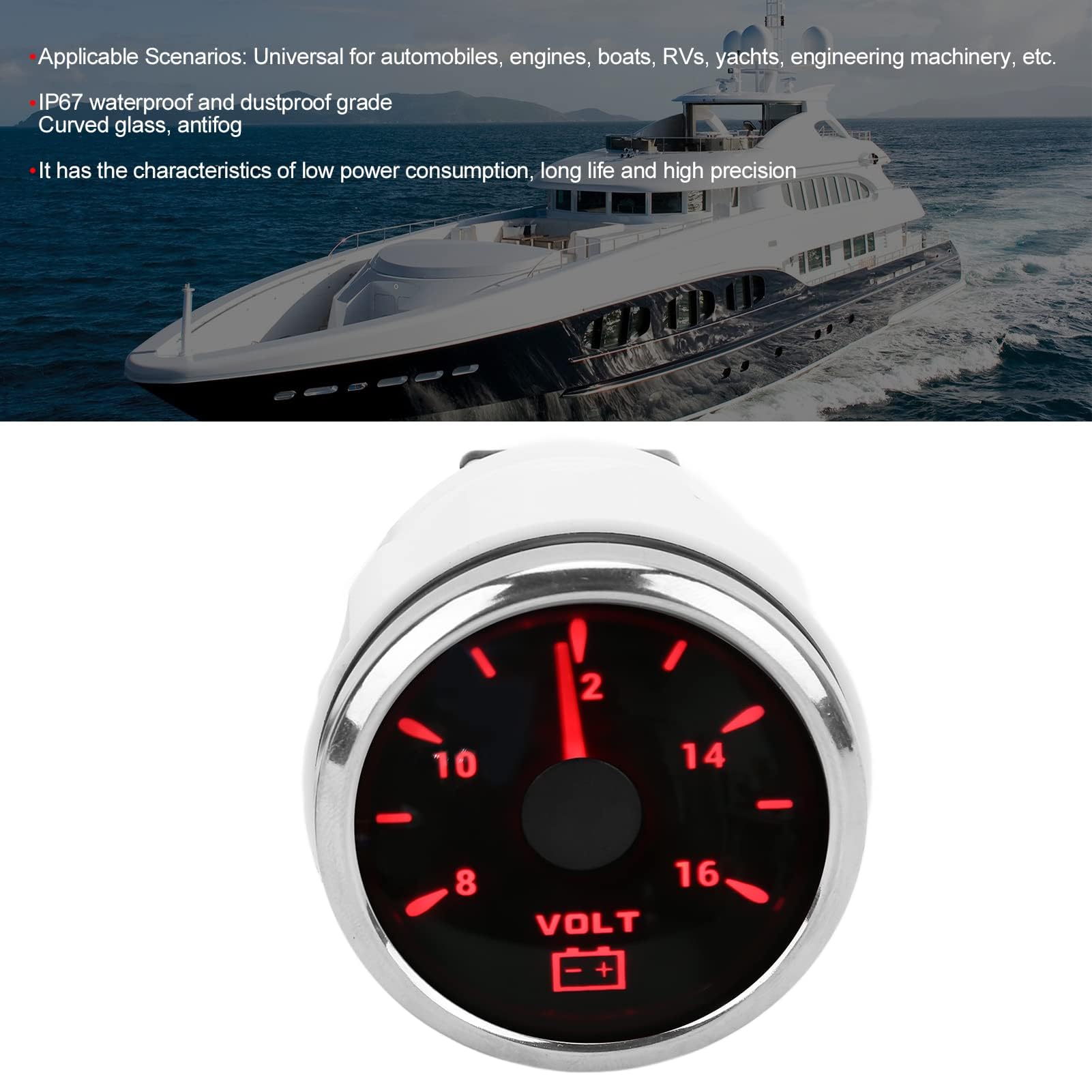 Voltmètre de Bateau, Jauge de Tension Marine 52mm 8-16V Pointeur 7 Couleurs Rétro-éclairage IP67 Voltmètre étanche pour Bateau RV Voiture 9-32V(le noir)
