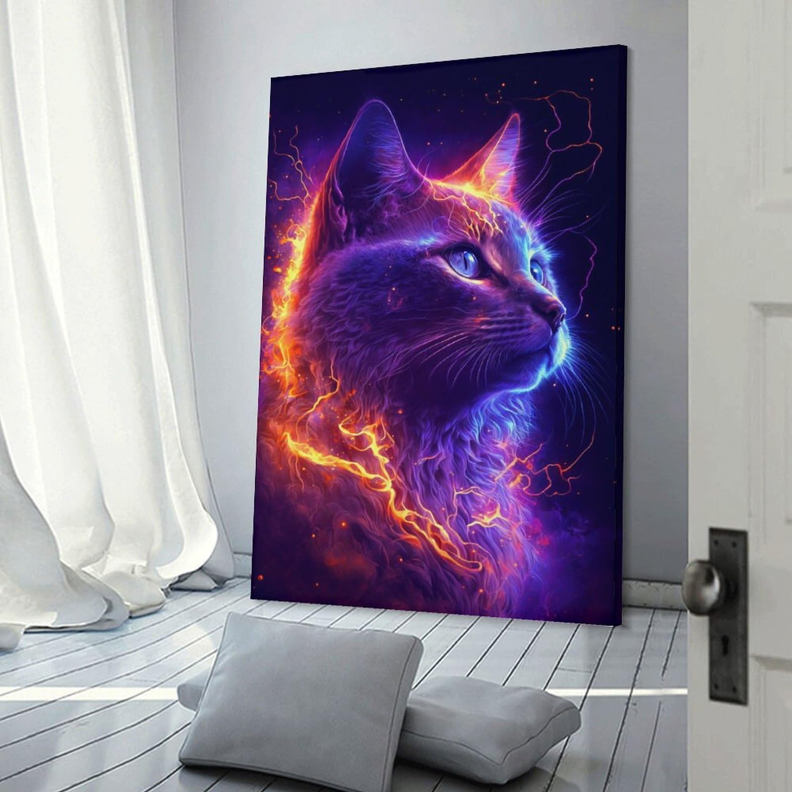 Junmoney Frame-Flame-Fused Feline Fantasy Wall Picture Print Flame-Fused Feline Fantasy, 16X24inch(40X60cm), For Hallway, Bedroom Or Modern Interiors, Thoughtful Wall Decor For Art Lovers