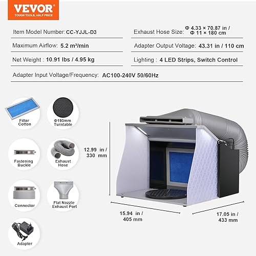 Miniatura 7 de VEVOR Cabina de aerosol para aerógrafo, kit portátil de cabina de aerosol de pintura con 4 luces LED, potentes ventiladores de escape duales, plato