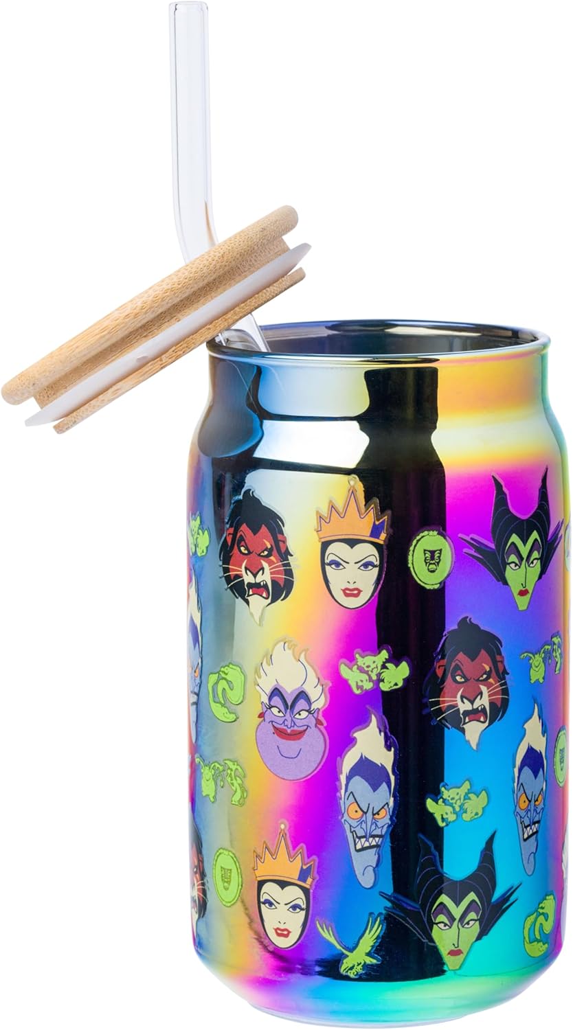 Silver Buffalo Disney Villains Electroplate Chrome Glass Tumbler with Bamboo Lid and Glass Straw Featuring Scar, Maleficent, Ursula, Evil Queen, and Hades, 16 Ounces - Image 3