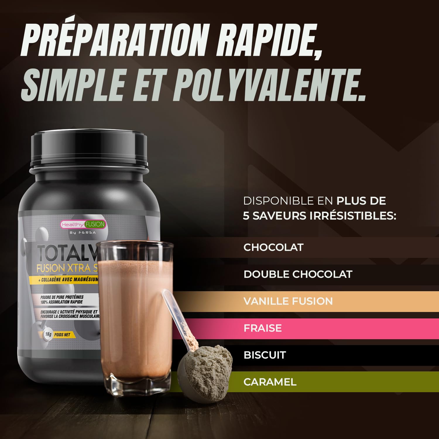 Healthy Fusion Whey Protein | 43 g/dose Protéine Pure | Collagène, Magnésium et Vitamine B6 | Augmente la masse musculaire, améliore l’entraînement, renforce les articulations | Double Chocolat 1kg