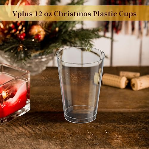 Vista 2 de Vplus Paquete de 150 vasos de plástico transparente reutilizables de 12 onzas, vasos desechables de plástico resistentes para fiestas, Navidad