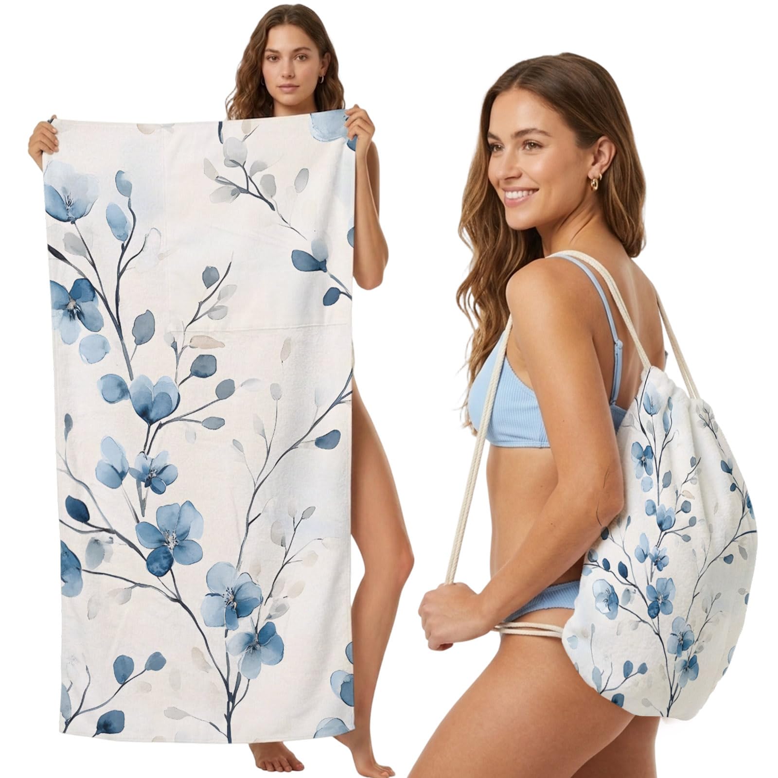 FWJZDSP Beach Towel Backpack Convertible Blue Wildflower Sand Free Quick Dry Towel Bag Watercolor Floral Beach Towel with Adjustable Straps for Travel Swimming Pool Beach Accessories 31.5x63in