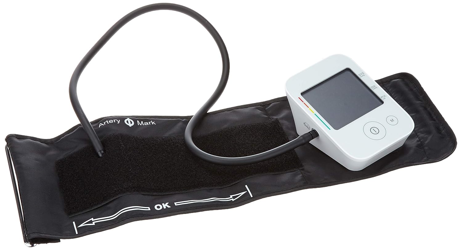 Gima 32901 monitor and cuff, showing the cuff's air tube connected to the monitor