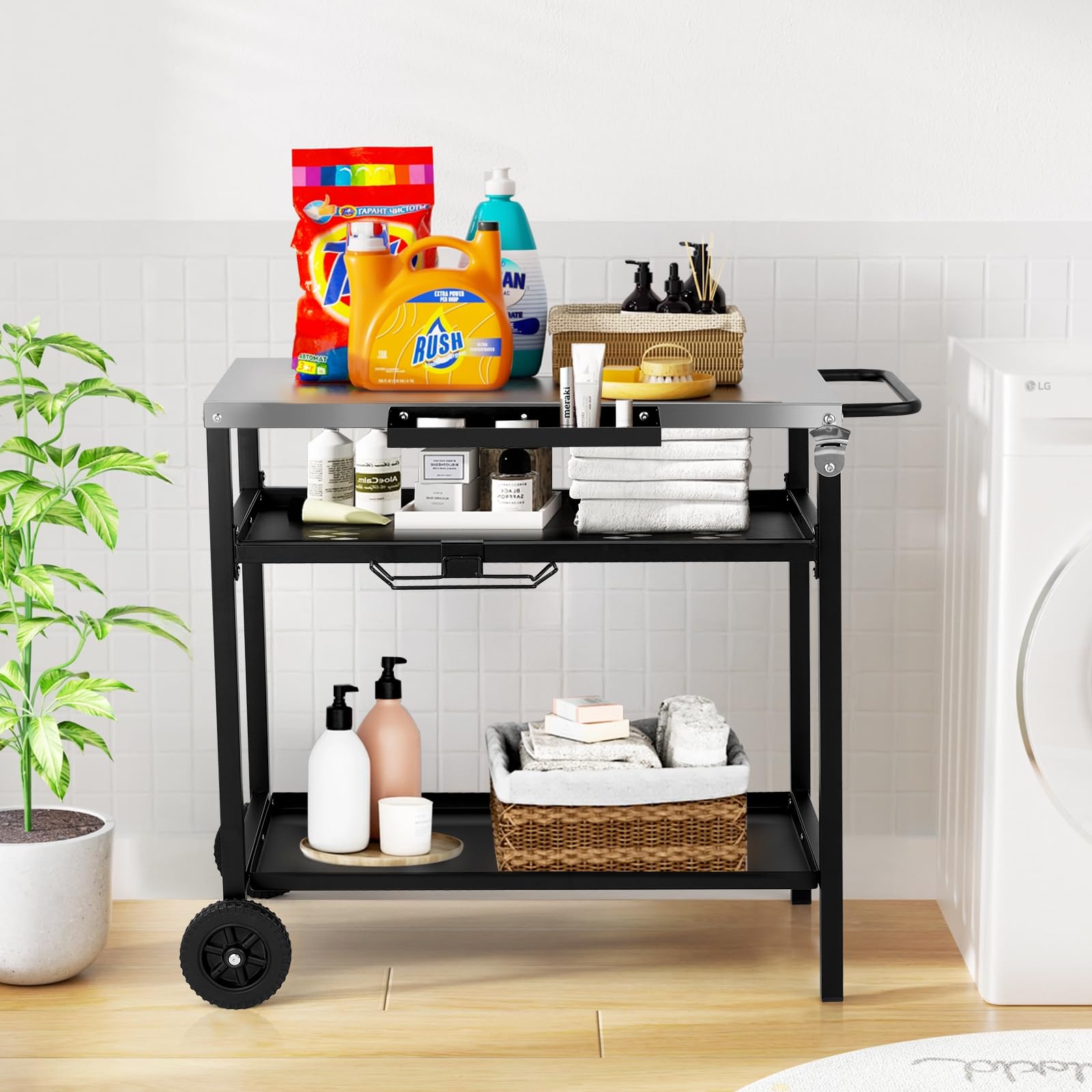 LEADZM Dessertes de Jardin, Chariot de Barbecue Mobile à 3 Niveaux, 97 x 51 x 83 cm, Établi en Acier Inoxydable argenté - desserte Exterieur, Panier avec Filet, Noir