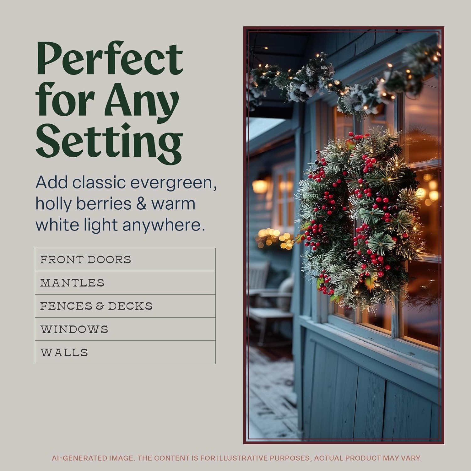 Flexible Flyer Battery Operated Wreath for Front Door. Pre-Lit Evergreen Xmas Lighted Holiday Christmas Outdoor Timer, 24", Holly Berry
