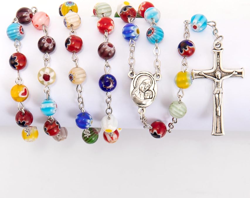 Nazareth Store Murano Glass Rosary Necklace Handmade Multicolor Millefiori Beads Rosario Holy Soil Medal and Cross Crucifix