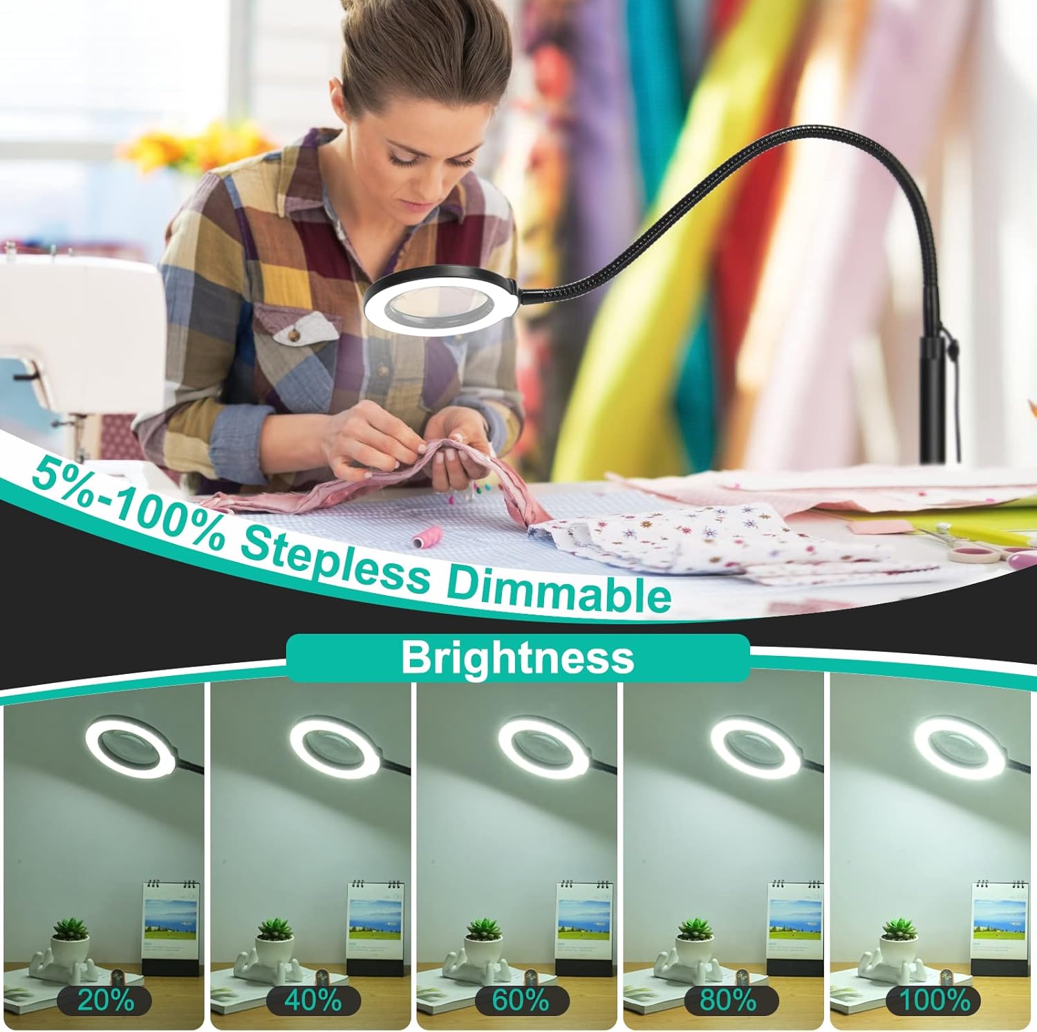 Drdefi 12X Magnifying Floor Lamp with Light, 24" Flexible Gooseneck Standing Magnifying Glass, 3-in-1 LED 5 Color Modes Stepless Dimmable Lighted Magnifier Lamp Hands-Free for Close Work, Reading