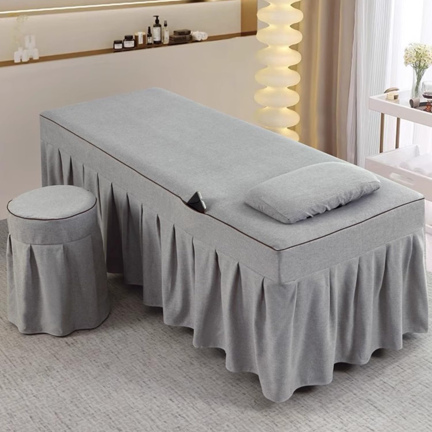 LDLCYCN Gray/a,185x70cm, Massage Bed Skirt with Face Hole Spa Bed Cover Massage Bed Sheet Cover Beauty Massage Spa Couch Cover with Skirt All-Round
