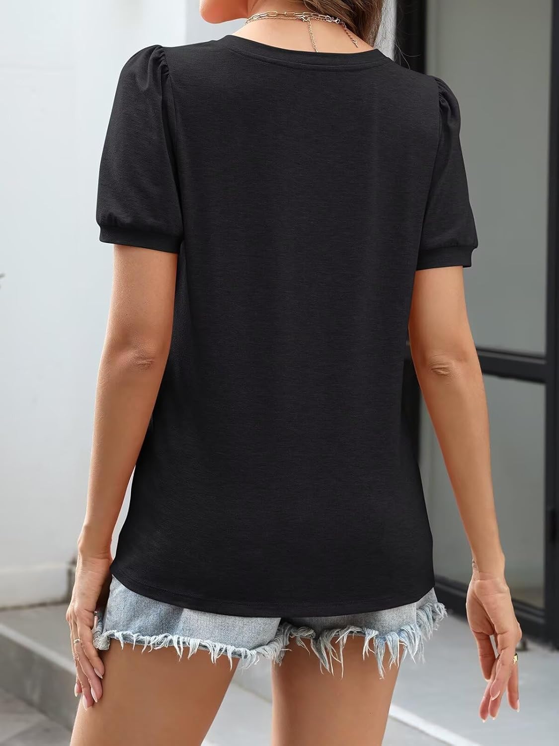 Women's Pleated V Neck T Shirts Puff Short Sleeve Tops Henley Business Casual Summer Blouses - Image 4